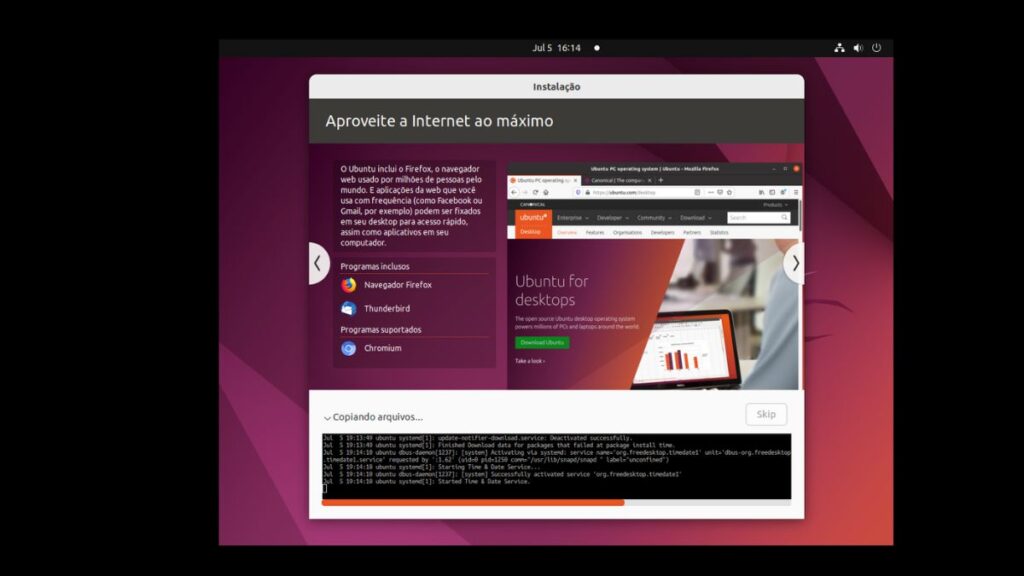 Captura de tela mostrando a tela de instalação do Ubuntu