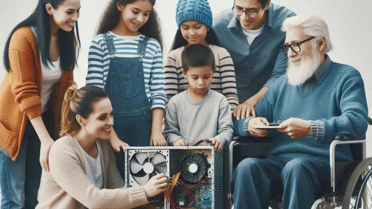 Família de várias gerações reunida em torno de um projeto de montagem de computador, simbolizando união, aprendizado intergeracional e colaboração.