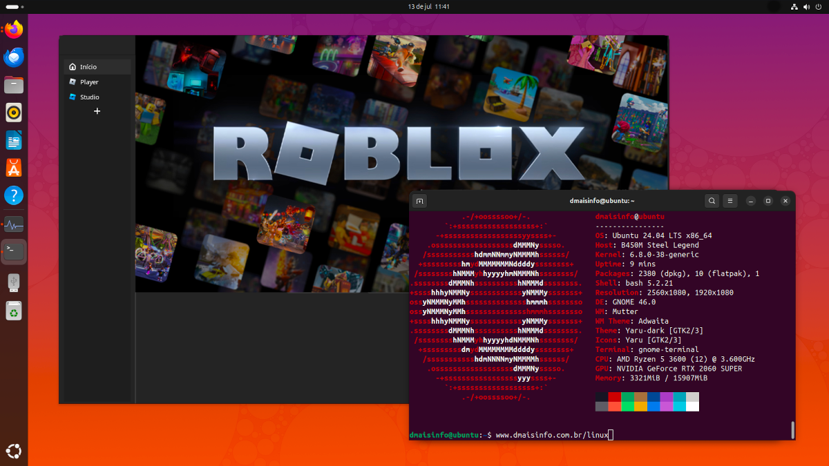 Tela de instalação do Roblox no Ubuntu 