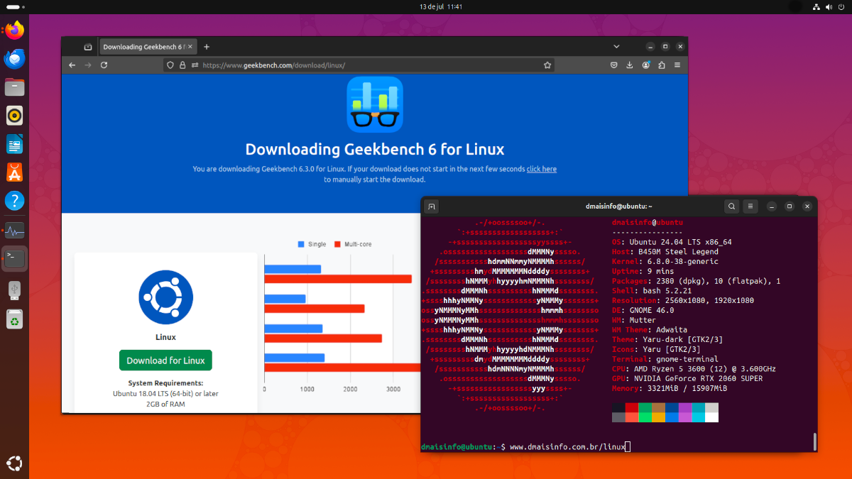 Benchmark Geekbench rodando no Ubuntu para avaliação de desempenho do sistema