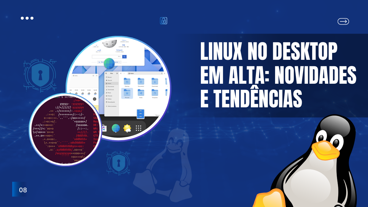 Desktop com o sistema operacional Linux mostrando a interface GNOME 46