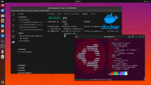 Terminal do Ubuntu com Docker em execução, listando contêineres ativos.