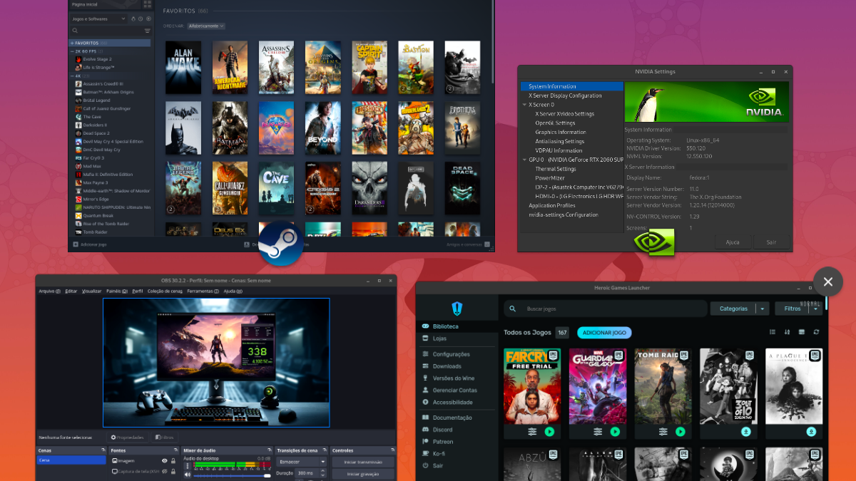 Screenshot de jogos rodando no Linux Ubuntu com Steam, Heroic Games Launcher e OBS.