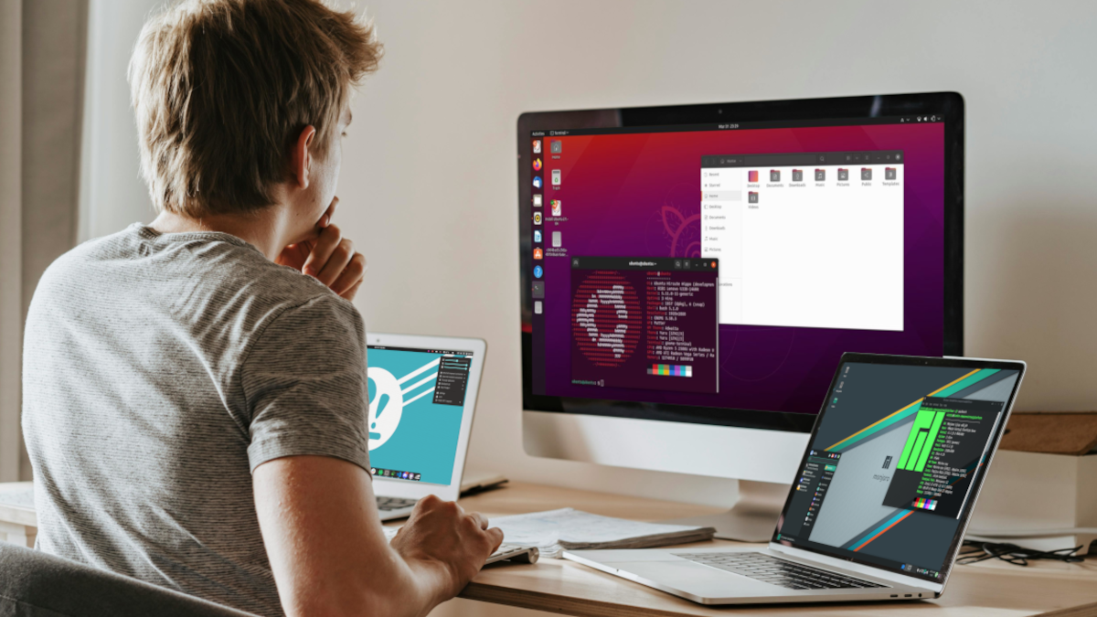 Pessoa usando múltiplas distribuições Linux em computadores.